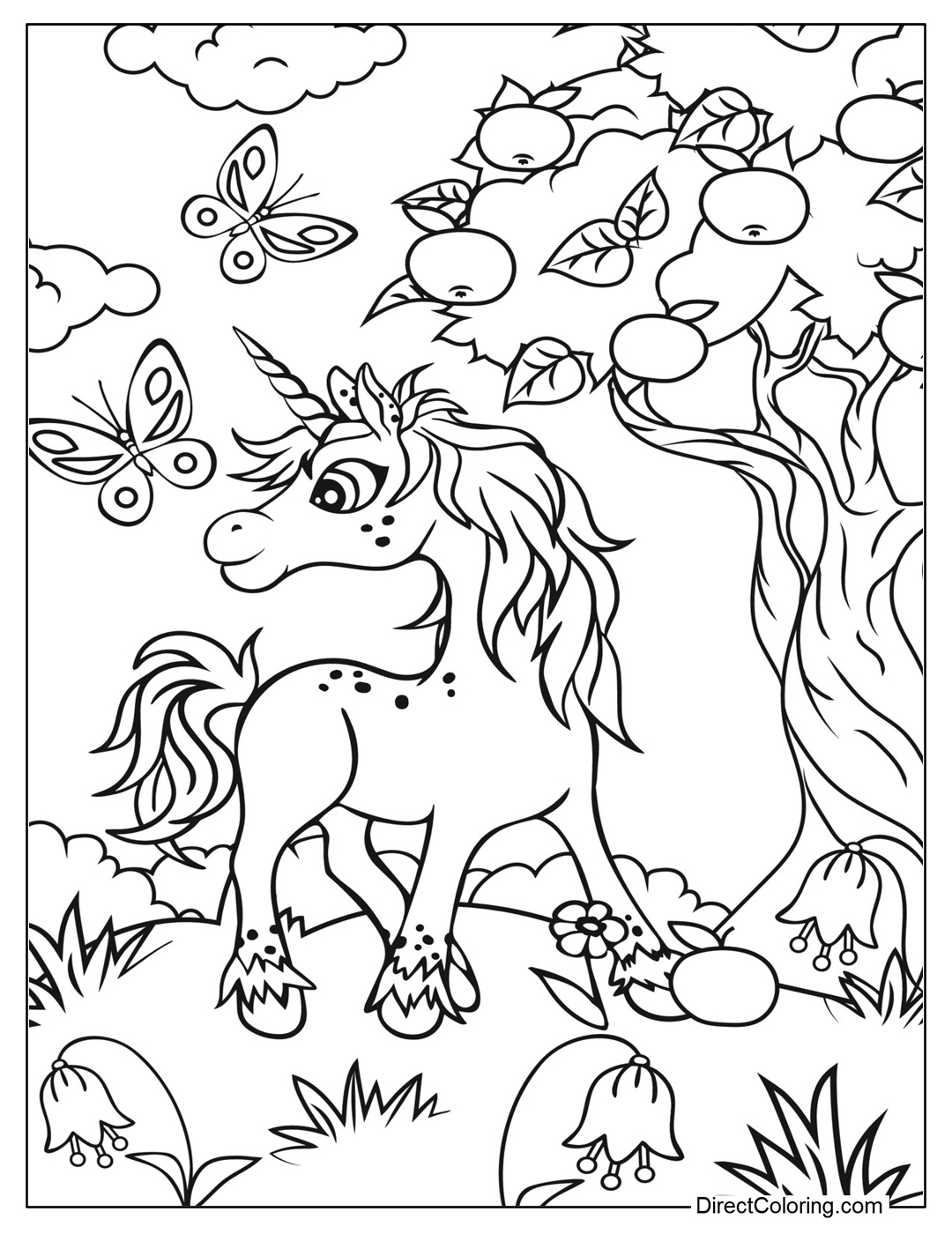 Unicorn with Butterflies and Apple Tree To Color